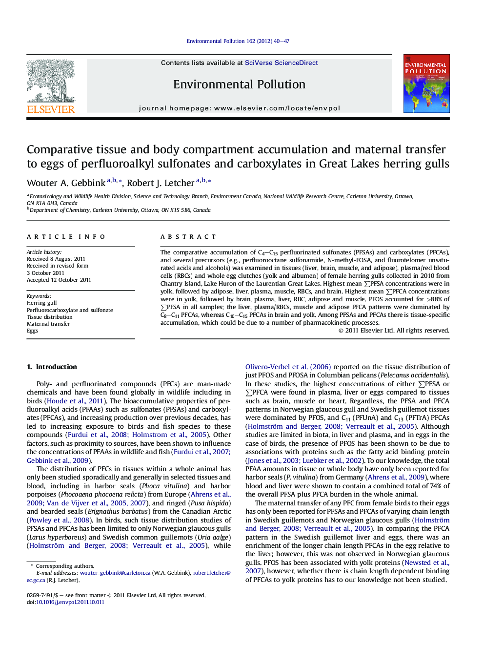 Comparative tissue and body compartment accumulation and maternal transfer to eggs of perfluoroalkyl sulfonates and carboxylates in Great Lakes herring gulls