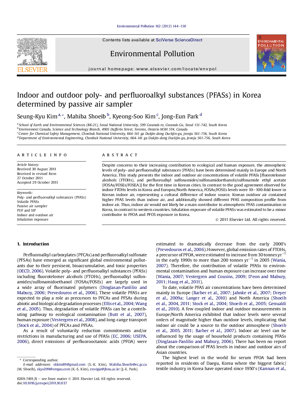 عکس صفحه اول مقاله: Indoor and outdoor poly- and perfluoroalkyl substances (PFASs) in Korea determined by passive air sampler Indoor and outdoor poly- and perfluoroalkyl substances (PFASs) in Korea determined by passive air sampler