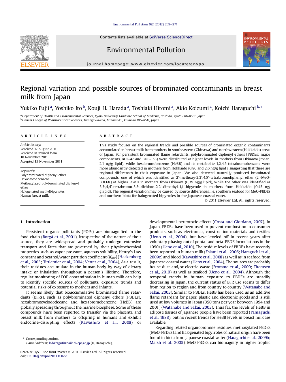 Regional variation and possible sources of brominated contaminants in breast milk from Japan