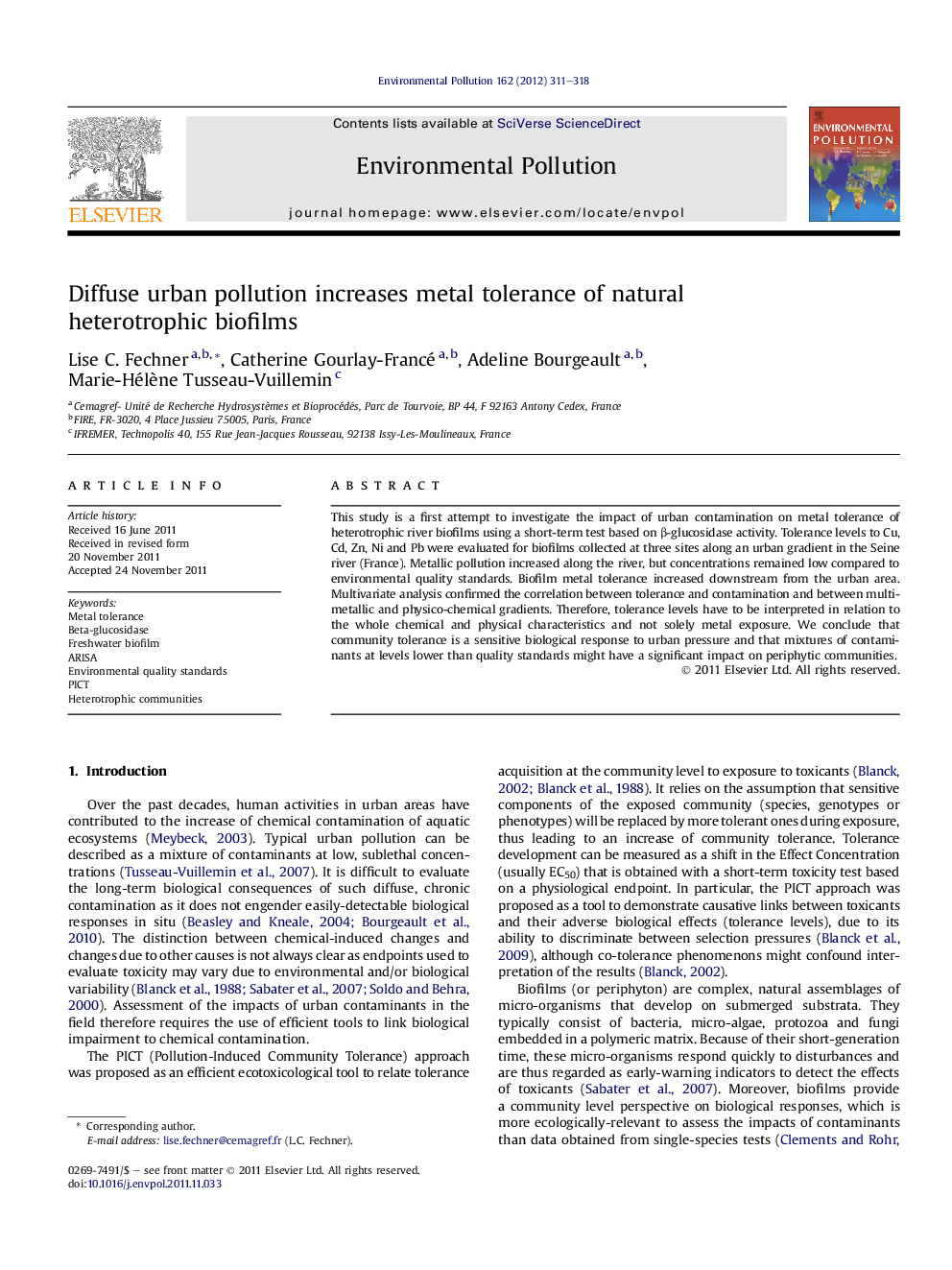 عکس صفحه اول مقاله: Diffuse urban pollution increases metal tolerance of natural heterotrophic biofilms Diffuse urban pollution increases metal tolerance of natural heterotrophic biofilms