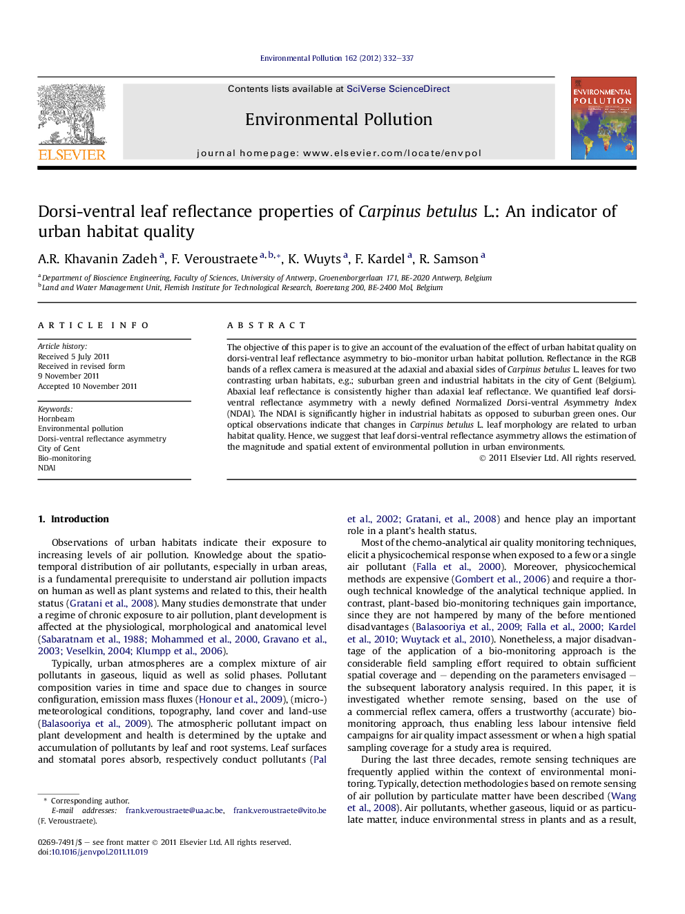 Dorsi-ventral leaf reflectance properties of Carpinus betulus L.: An indicator of urban habitat quality