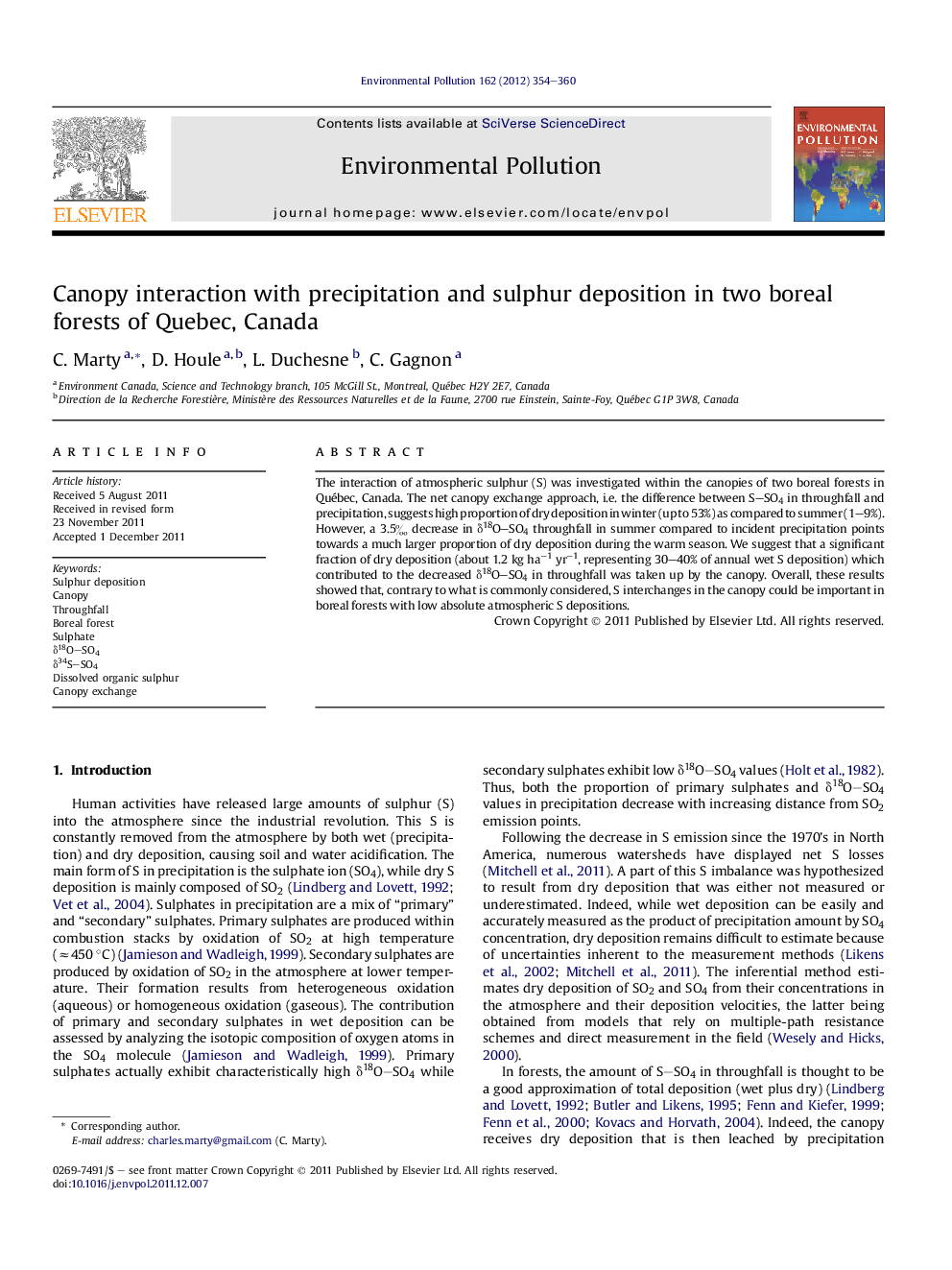 Canopy interaction with precipitation and sulphur deposition in two boreal forests of Quebec, Canada