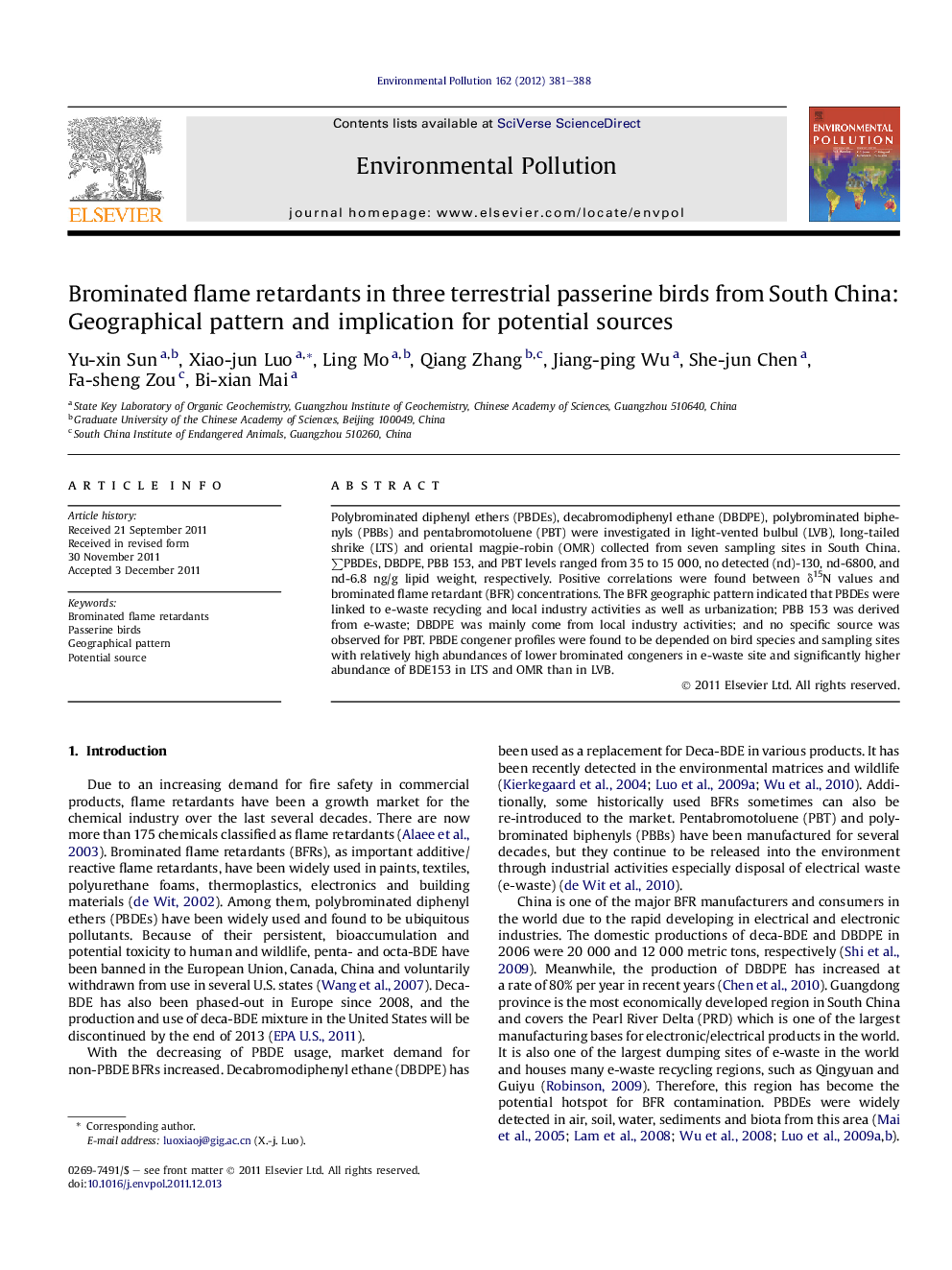 Brominated flame retardants in three terrestrial passerine birds from South China: Geographical pattern and implication for potential sources