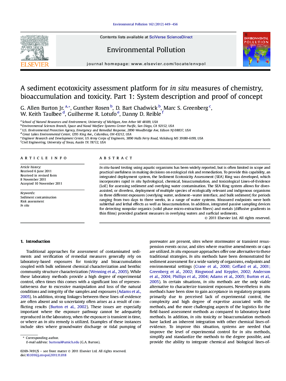 A sediment ecotoxicity assessment platform for in situ measures of chemistry, bioaccumulation and toxicity. Part 1: System description and proof of concept