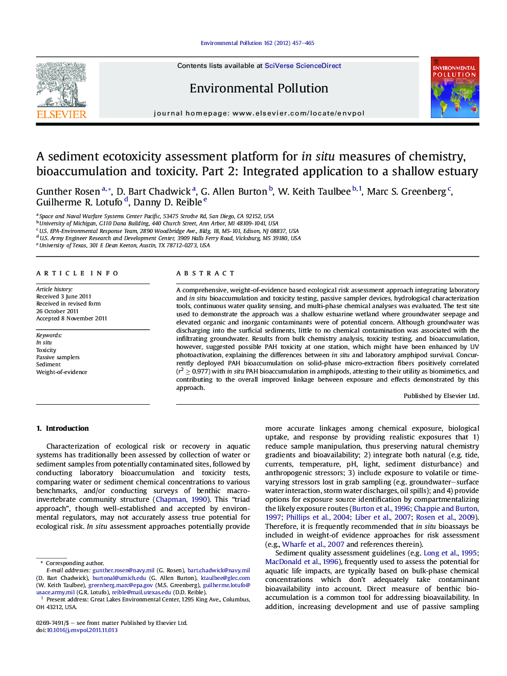 A sediment ecotoxicity assessment platform for in situ measures of chemistry, bioaccumulation and toxicity. Part 2: Integrated application to a shallow estuary