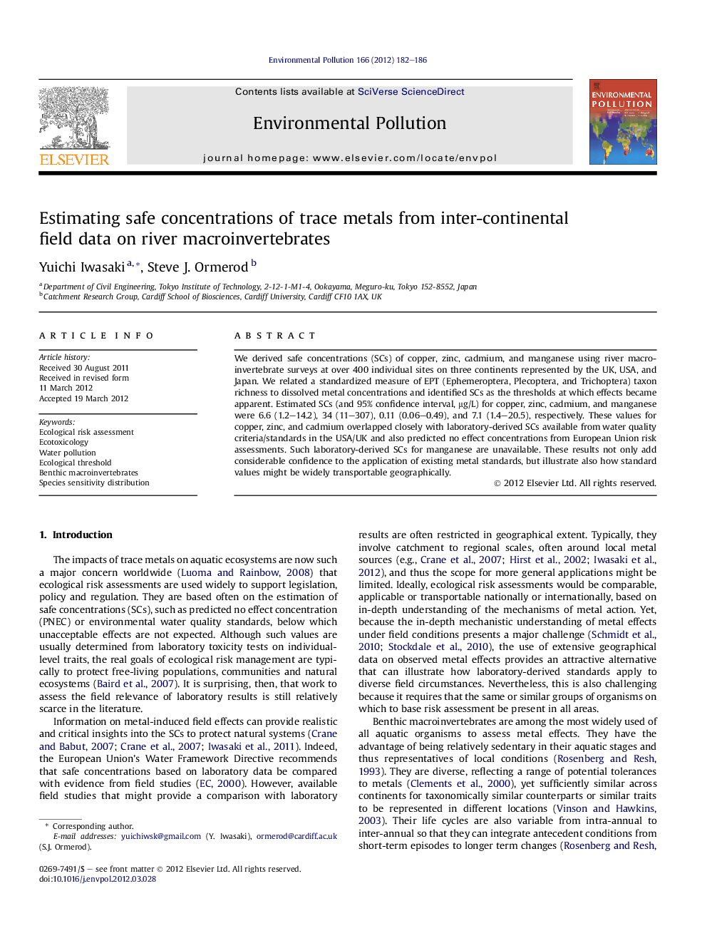 Estimating safe concentrations of trace metals from inter-continental field data on river macroinvertebrates