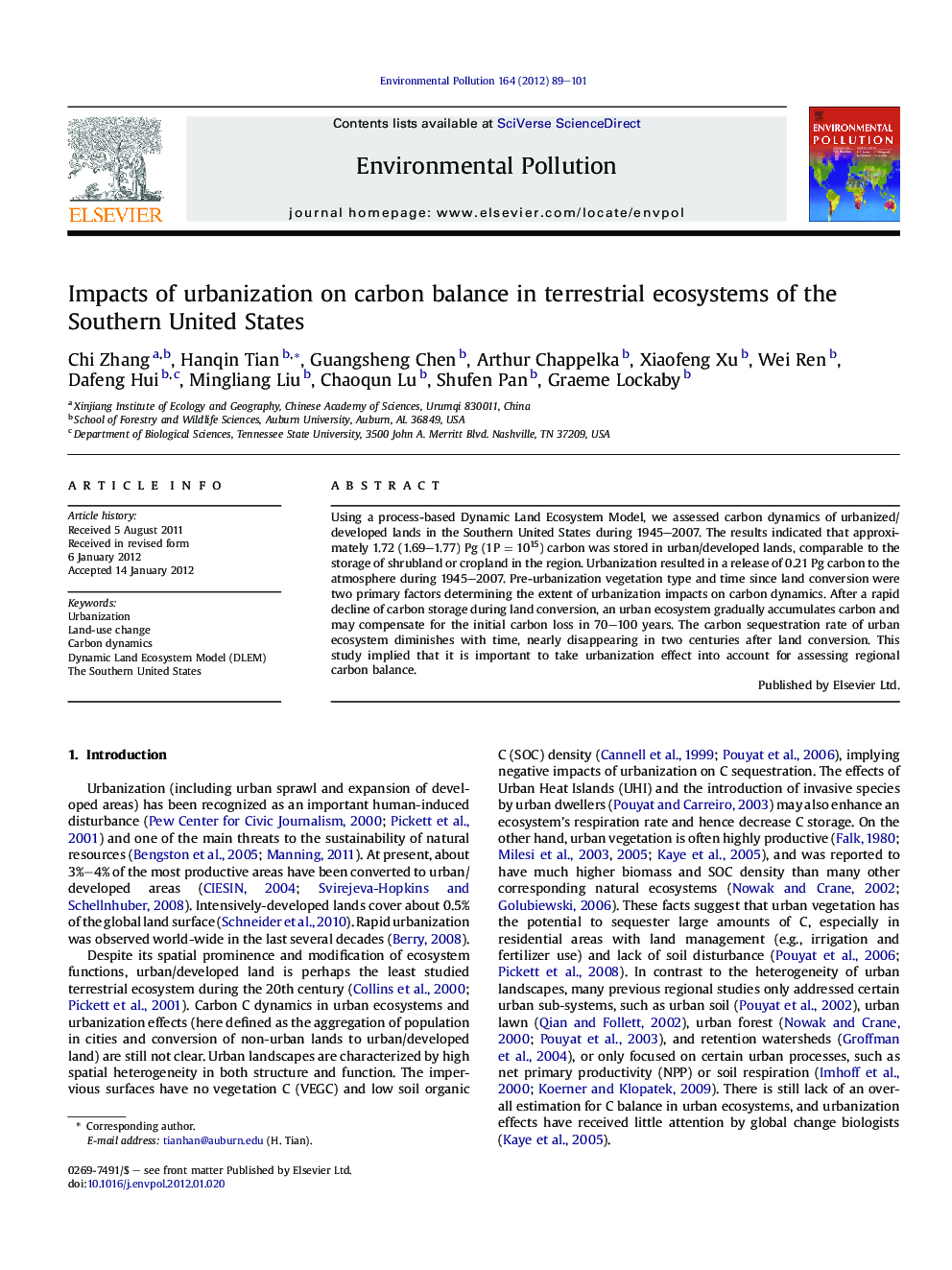 Impacts of urbanization on carbon balance in terrestrial ecosystems of the Southern United States