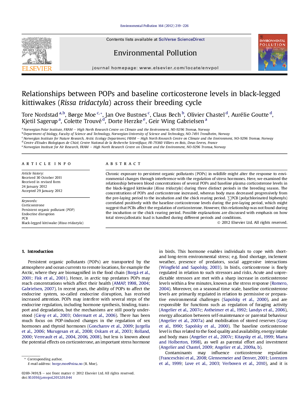 عکس صفحه اول مقاله: Relationships between POPs and baseline corticosterone levels in black-legged kittiwakes (Rissa tridactyla) across their breeding cycle Relationships between POPs and baseline corticosterone levels in black-legged kittiwakes (Rissa tridactyla) across their breeding cycle