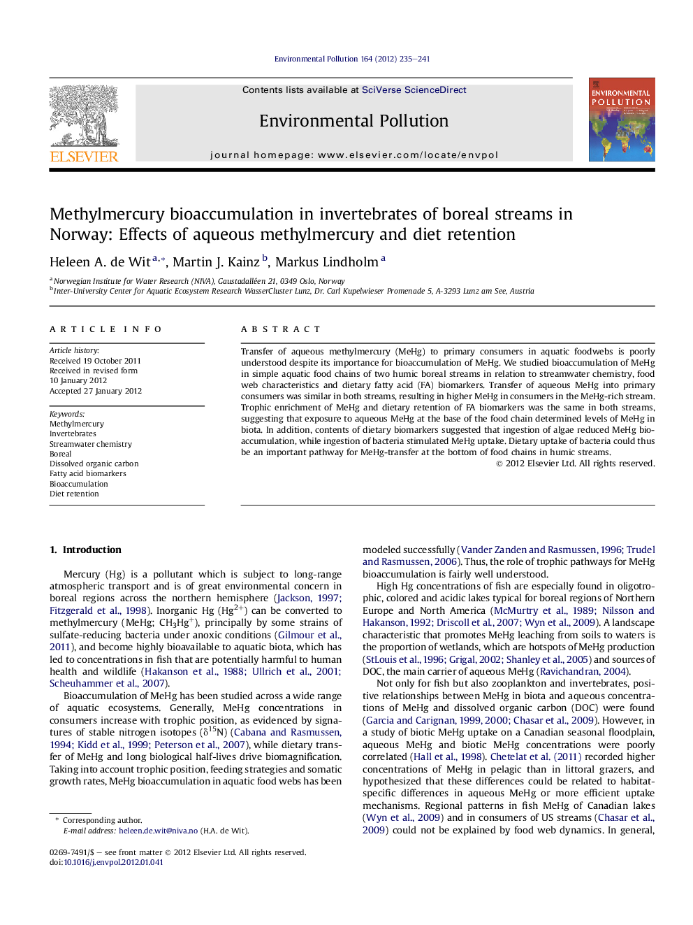 عکس صفحه اول مقاله: Methylmercury bioaccumulation in invertebrates of boreal streams in Norway: Effects of aqueous methylmercury and diet retention Methylmercury bioaccumulation in invertebrates of boreal streams in Norway: Effects of aqueous methylmercury and diet retention