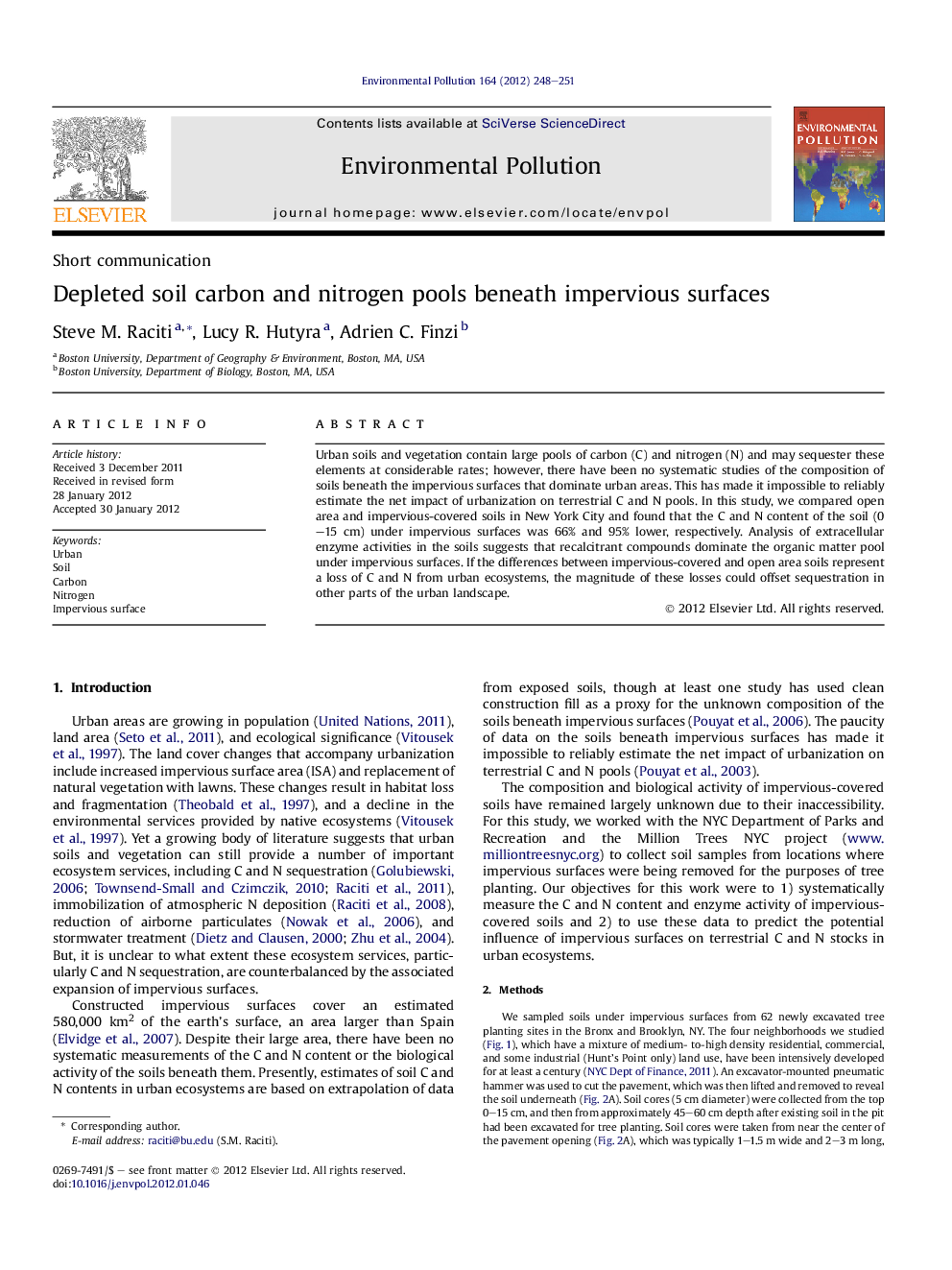 Depleted soil carbon and nitrogen pools beneath impervious surfaces