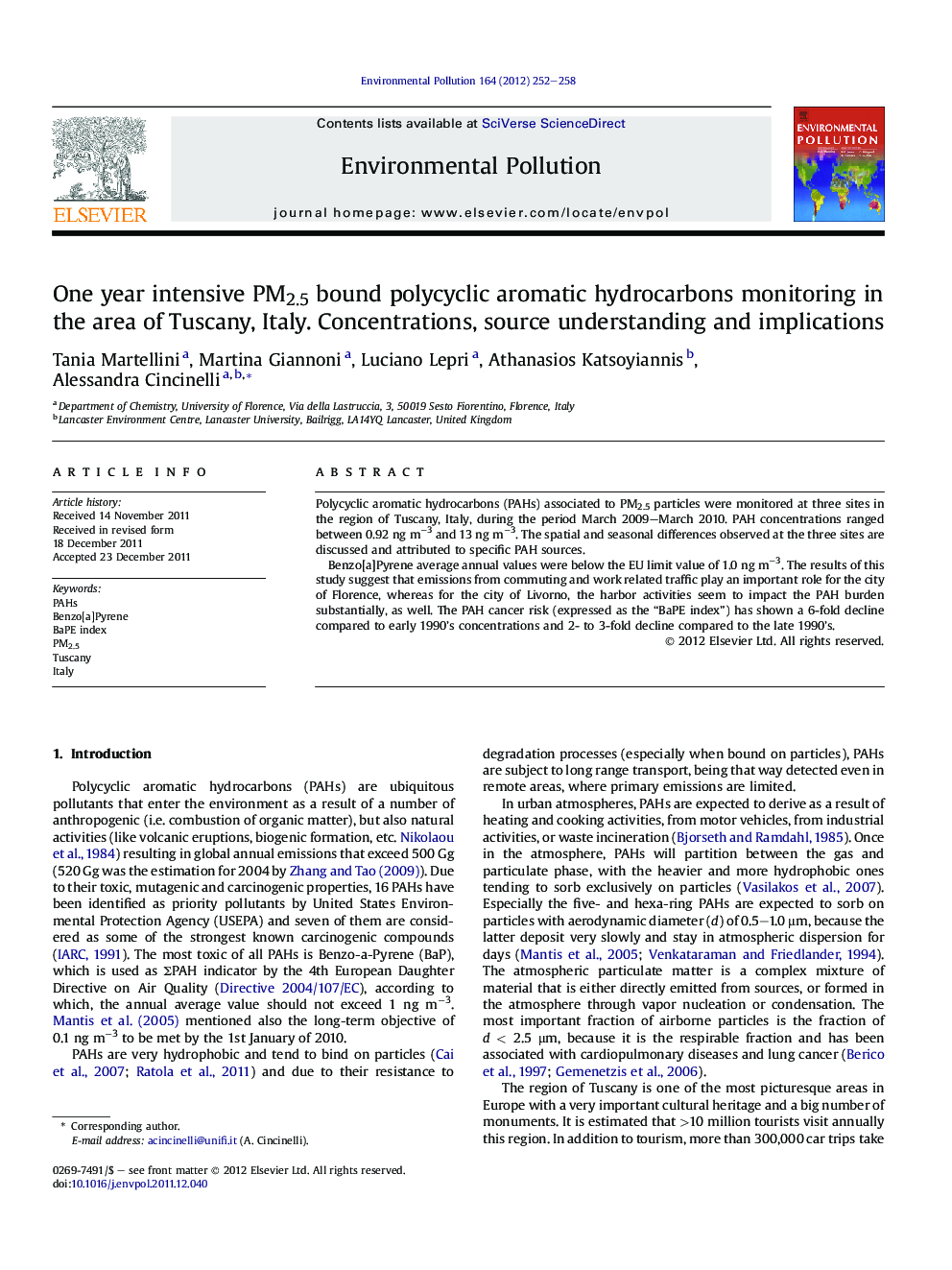 One year intensive PM2.5 bound polycyclic aromatic hydrocarbons monitoring in the area of Tuscany, Italy. Concentrations, source understanding and implications