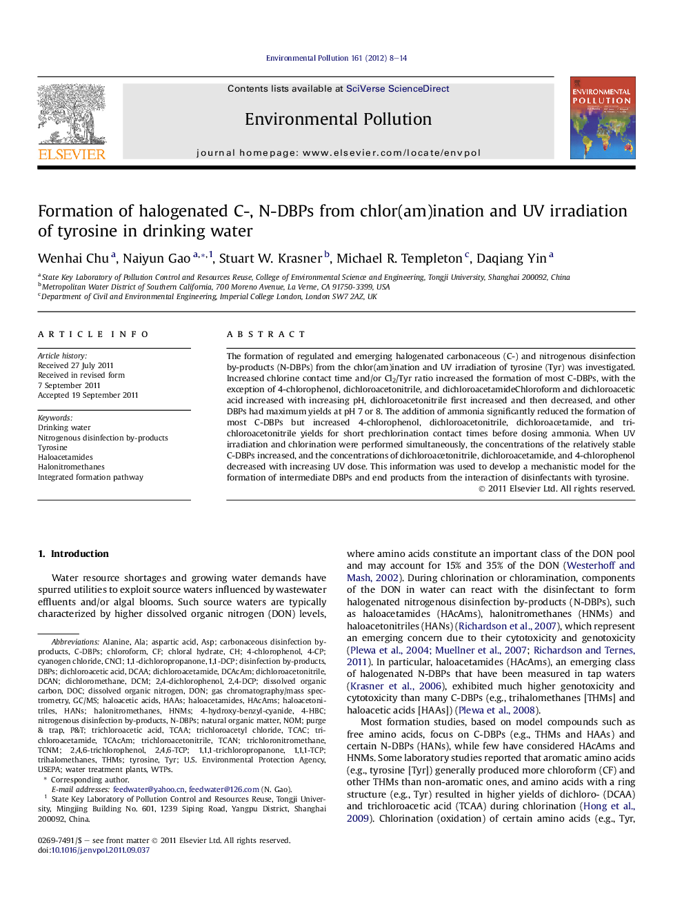 Formation of halogenated C-, N-DBPs from chlor(am)ination and UV irradiation of tyrosine in drinking water