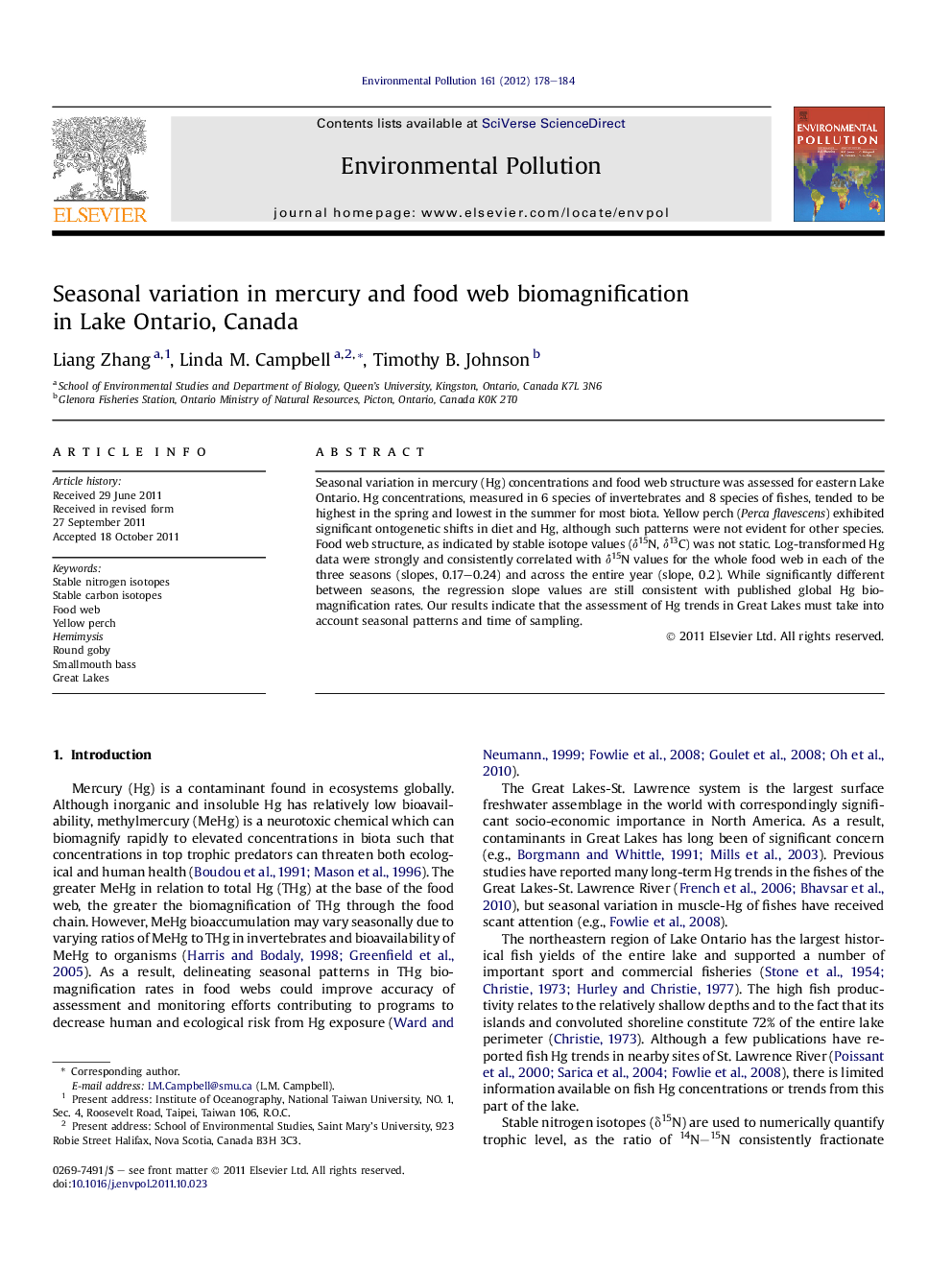 Seasonal variation in mercury and food web biomagnification in Lake Ontario, Canada