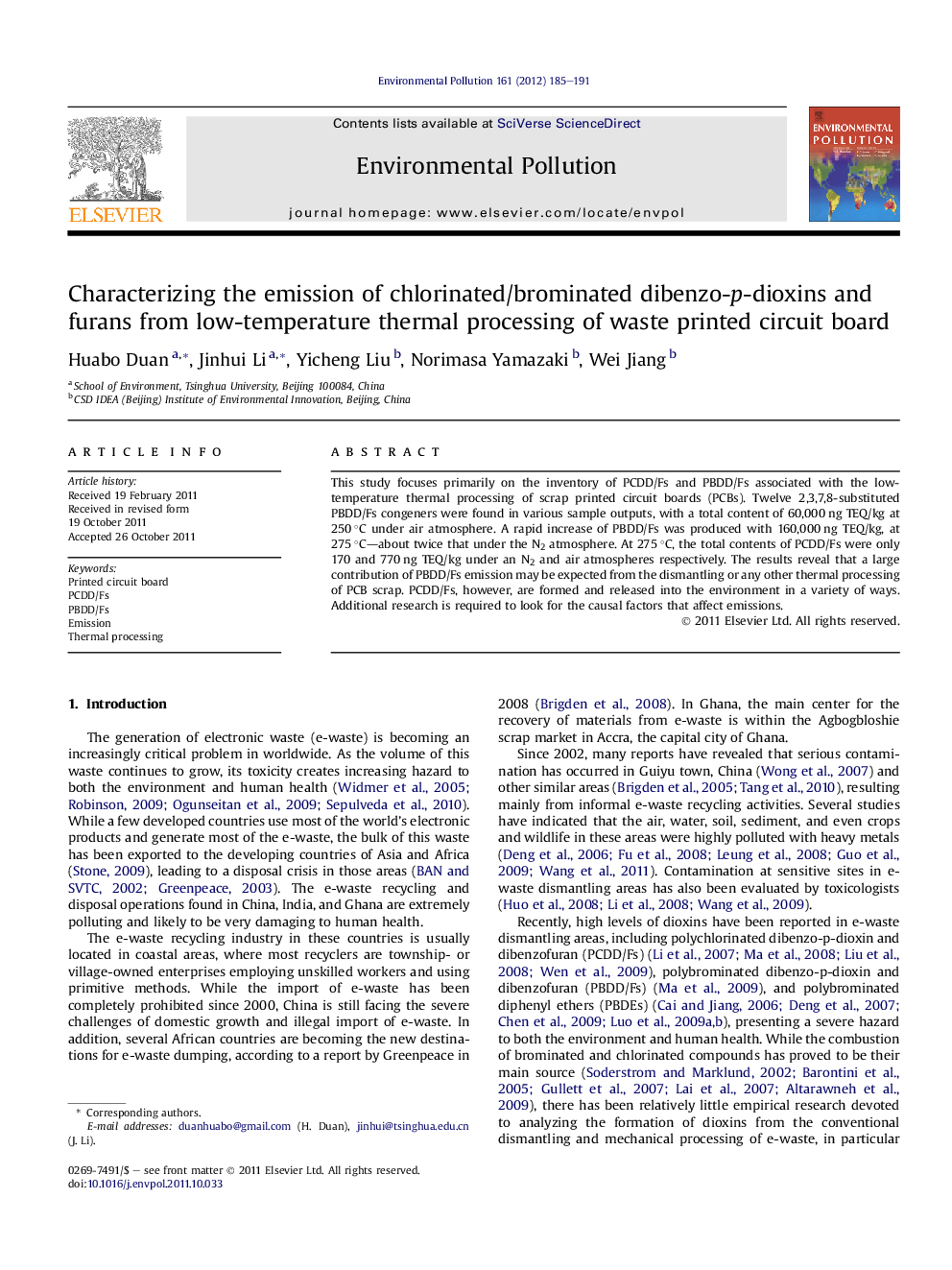 Characterizing the emission of chlorinated/brominated dibenzo-p-dioxins and furans from low-temperature thermal processing of waste printed circuit board