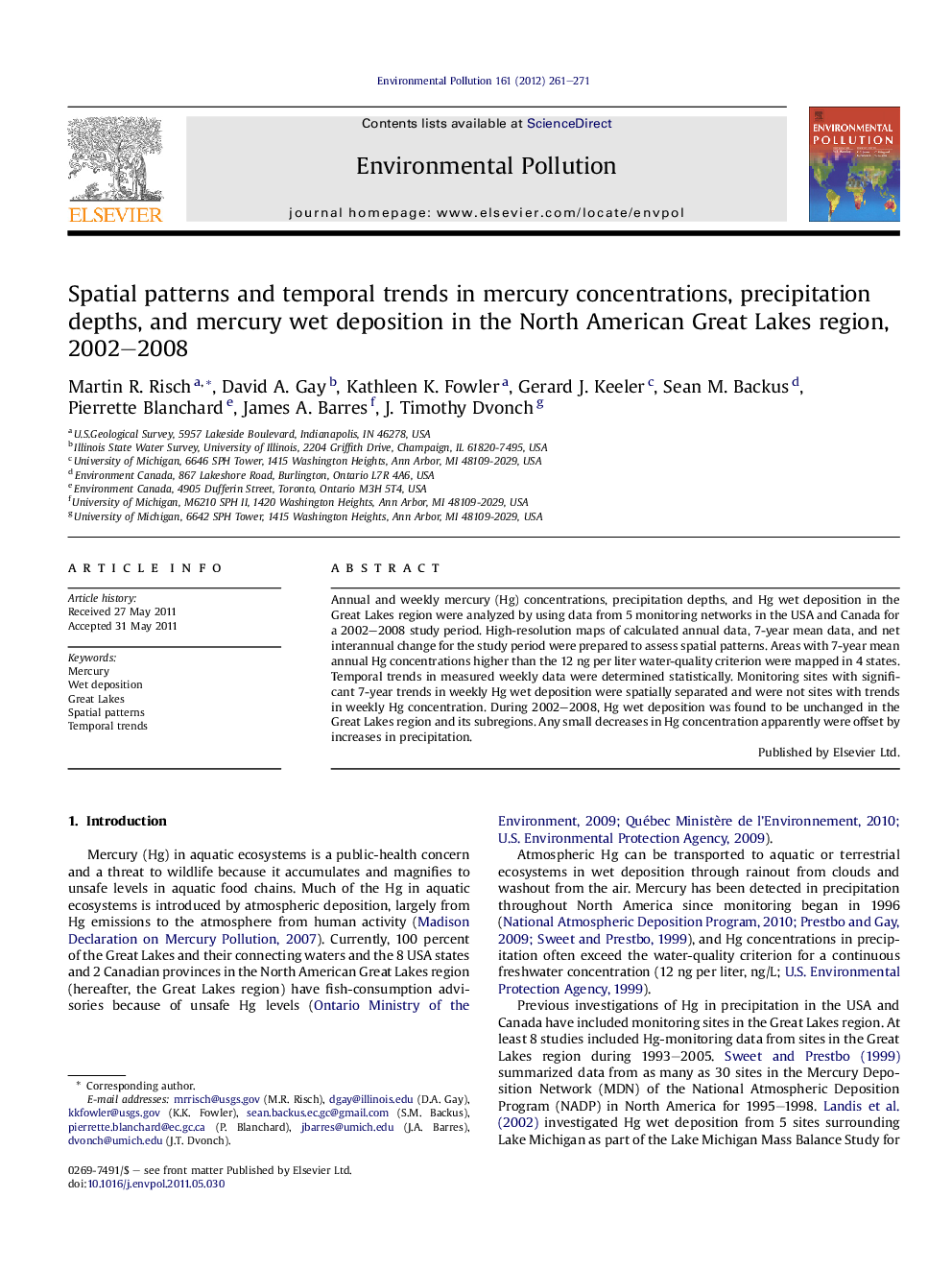 Spatial patterns and temporal trends in mercury concentrations, precipitation depths, and mercury wet deposition in the North American Great Lakes region, 2002–2008