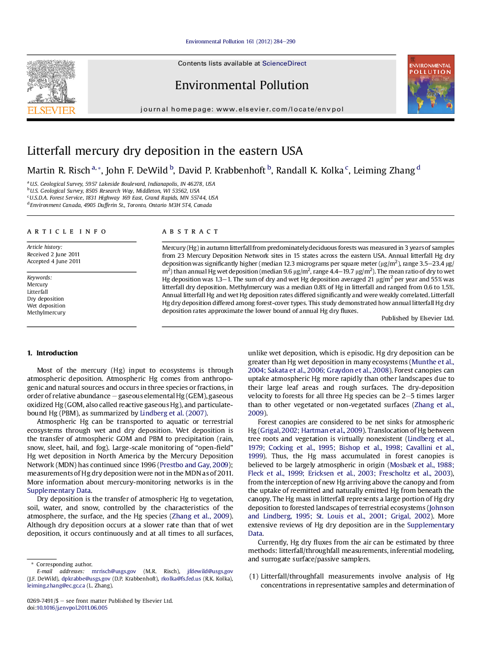 Litterfall mercury dry deposition in the eastern USA