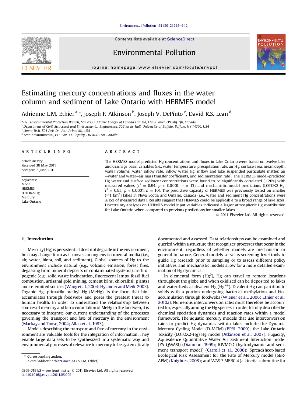 Estimating mercury concentrations and fluxes in the water column and sediment of Lake Ontario with HERMES model