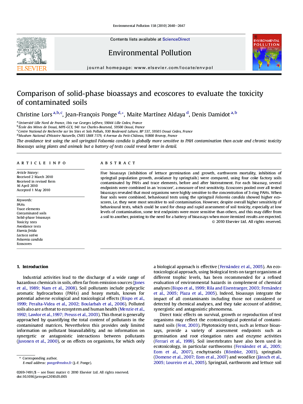 Comparison of solid-phase bioassays and ecoscores to evaluate the toxicity of contaminated soils