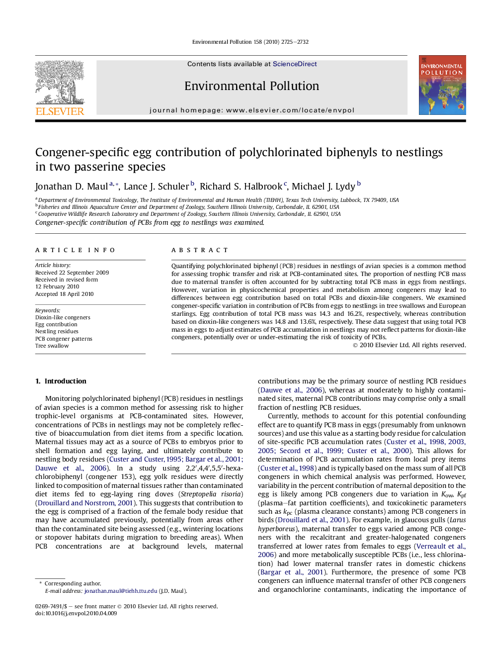 Congener-specific egg contribution of polychlorinated biphenyls to nestlings in two passerine species