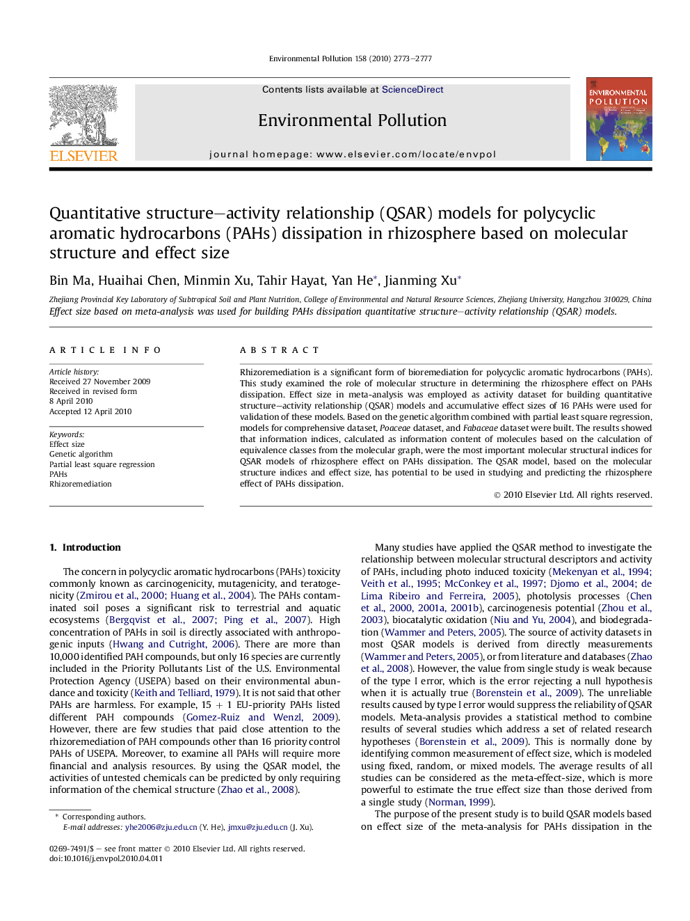 Quantitative structure–activity relationship (QSAR) models for polycyclic aromatic hydrocarbons (PAHs) dissipation in rhizosphere based on molecular structure and effect size