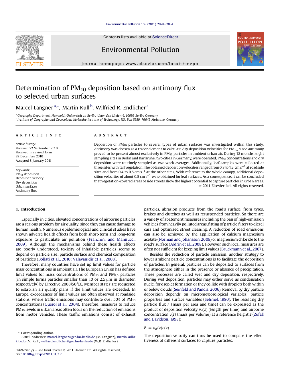 Determination of PM10 deposition based on antimony flux to selected urban surfaces