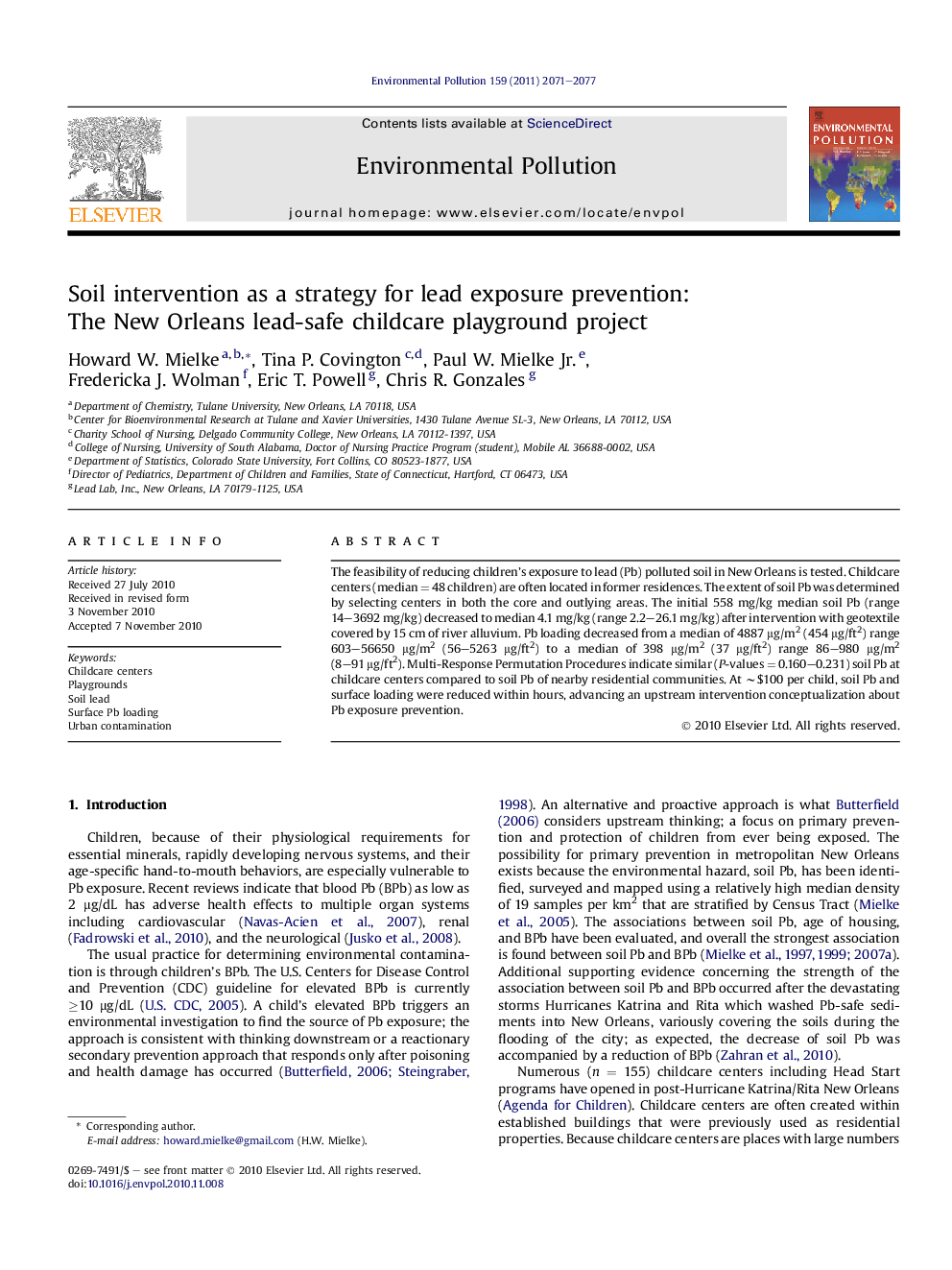 Soil intervention as a strategy for lead exposure prevention: The New Orleans lead-safe childcare playground project