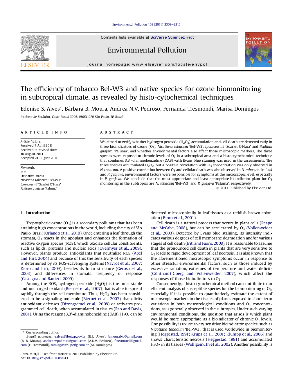 The efficiency of tobacco Bel-W3 and native species for ozone biomonitoring in subtropical climate, as revealed by histo-cytochemical techniques