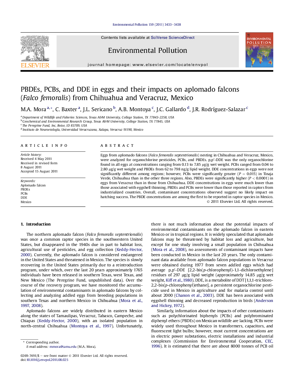 PBDEs, PCBs, and DDE in eggs and their impacts on aplomado falcons (Falco femoralis) from Chihuahua and Veracruz, Mexico