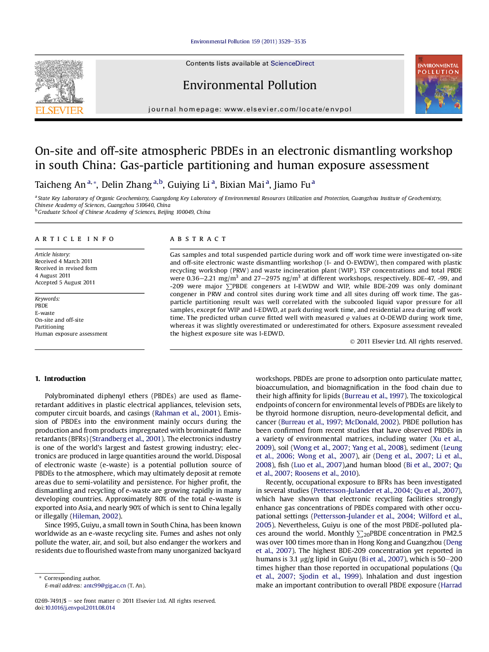 عکس صفحه اول مقاله: On-site and off-site atmospheric PBDEs in an electronic dismantling workshop in south China: Gas-particle partitioning and human exposure assessment On-site and off-site atmospheric PBDEs in an electronic dismantling workshop in south China: Gas-particle partitioning and human exposure assessment