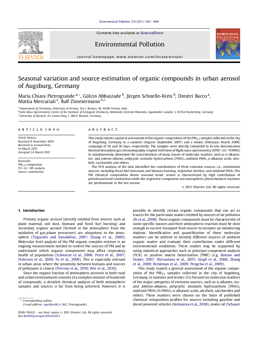 Seasonal variation and source estimation of organic compounds in urban aerosol of Augsburg, Germany