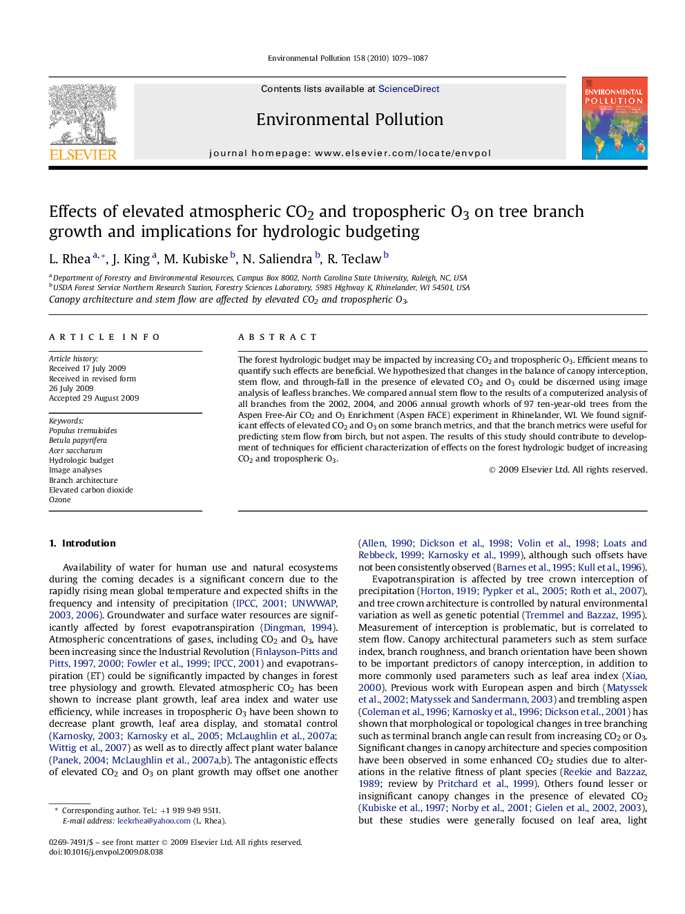 Effects of elevated atmospheric CO2 and tropospheric O3 on tree branch growth and implications for hydrologic budgeting