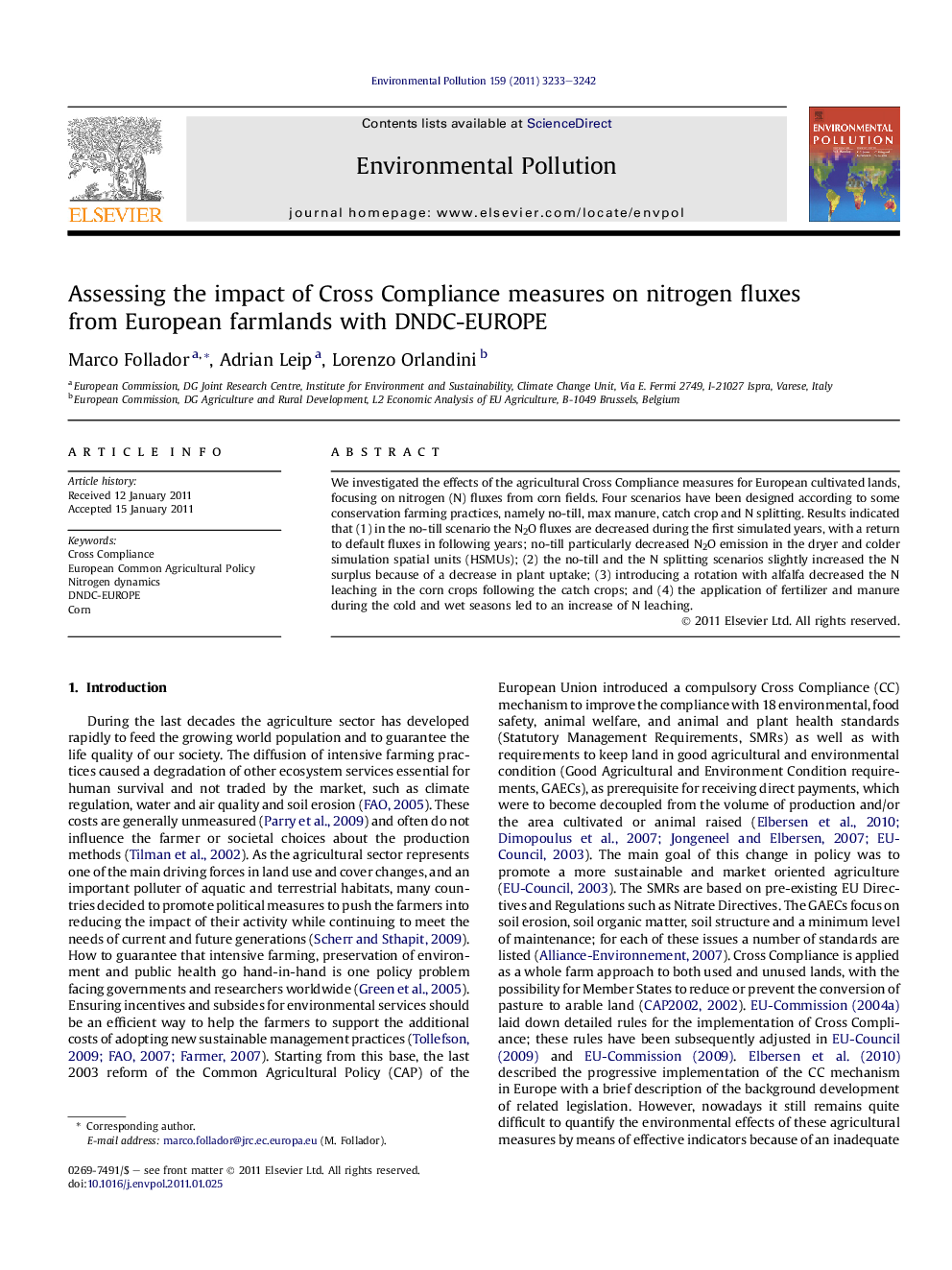 Assessing the impact of Cross Compliance measures on nitrogen fluxes from European farmlands with DNDC-EUROPE