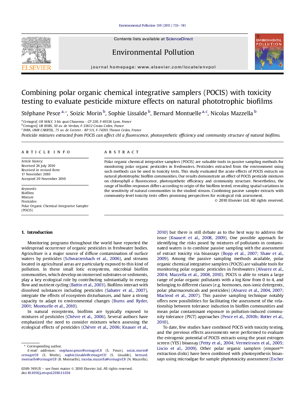 عکس صفحه اول مقاله: Combining polar organic chemical integrative samplers (POCIS) with toxicity testing to evaluate pesticide mixture effects on natural phototrophic biofilms Combining polar organic chemical integrative samplers (POCIS) with toxicity testing to evaluate pesticide mixture effects on natural phototrophic biofilms