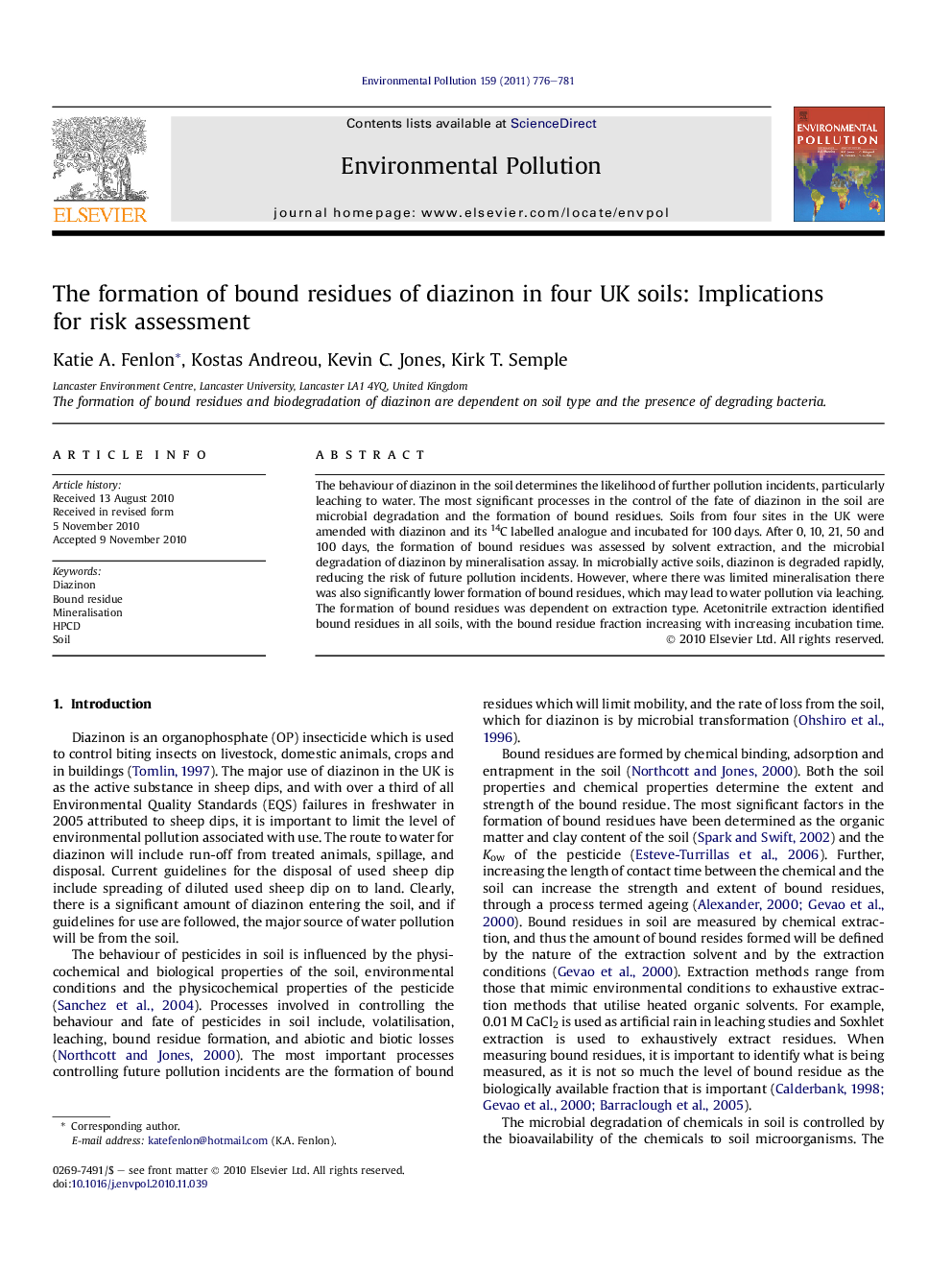 The formation of bound residues of diazinon in four UK soils: Implications for risk assessment