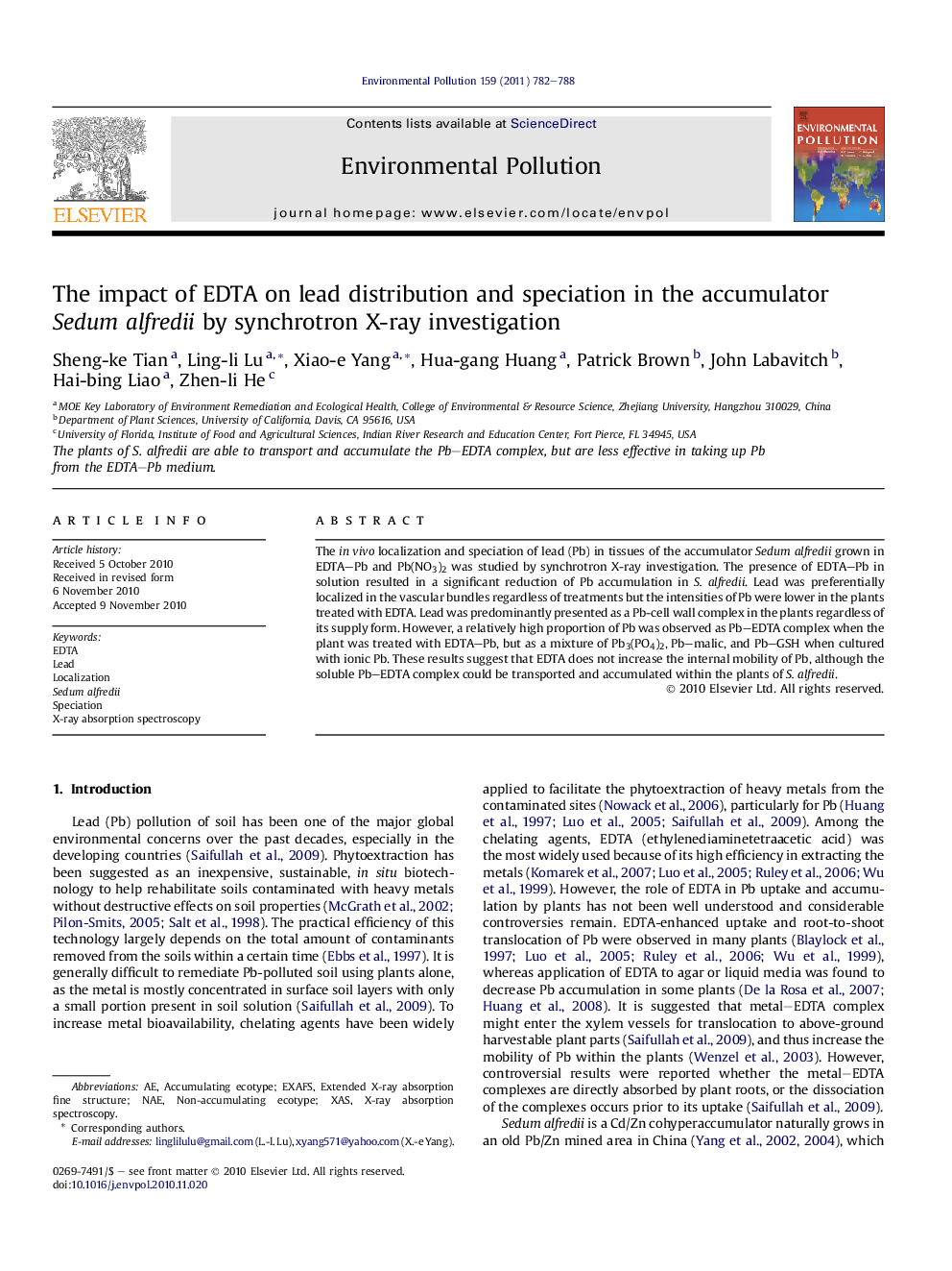 The impact of EDTA on lead distribution and speciation in the accumulator Sedum alfredii by synchrotron X-ray investigation