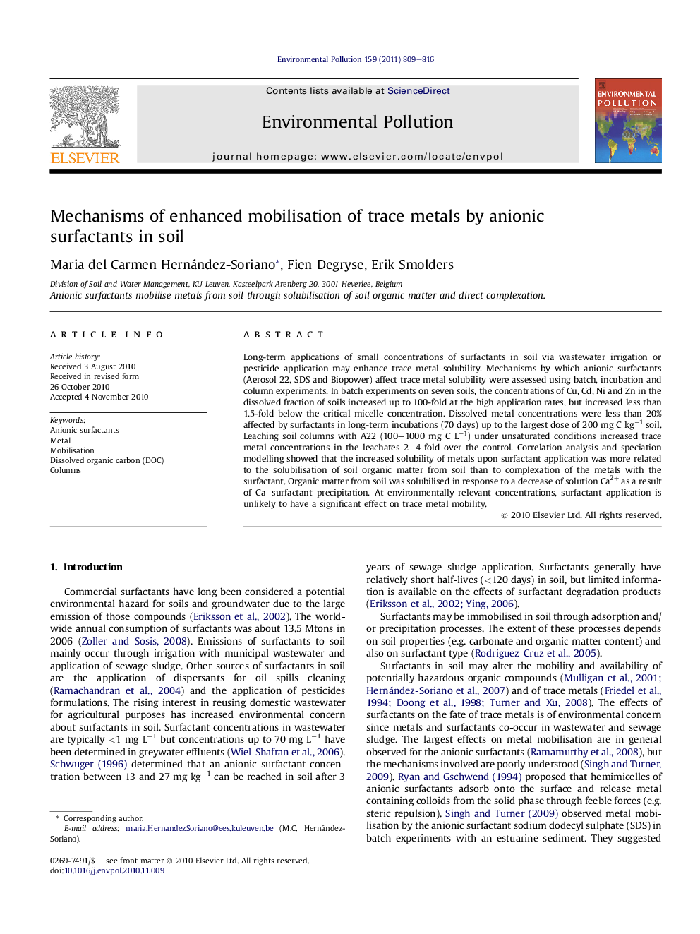 Mechanisms of enhanced mobilisation of trace metals by anionic surfactants in soil