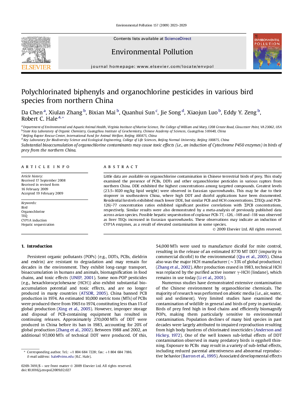 Polychlorinated biphenyls and organochlorine pesticides in various bird species from northern China