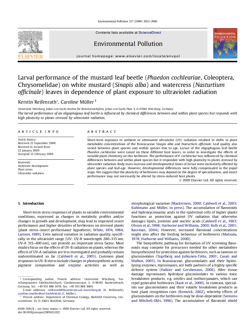 Larval performance of the mustard leaf beetle (Phaedon cochleariae, Coleoptera, Chrysomelidae) on white mustard (Sinapis alba) and watercress (Nasturtium officinale) leaves in dependence of plant exposure to ultraviolet radiation