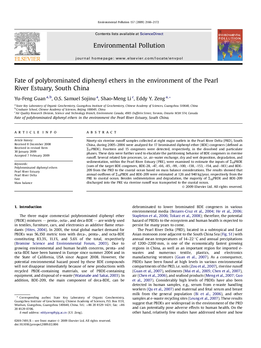 Fate of polybrominated diphenyl ethers in the environment of the Pearl River Estuary, South China