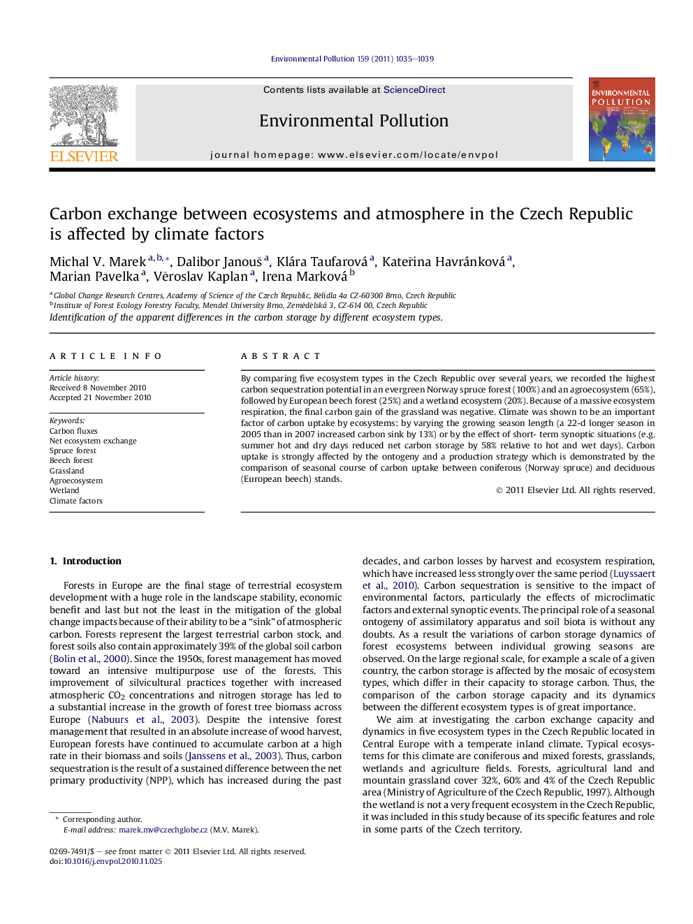 Carbon exchange between ecosystems and atmosphere in the Czech Republic is affected by climate factors