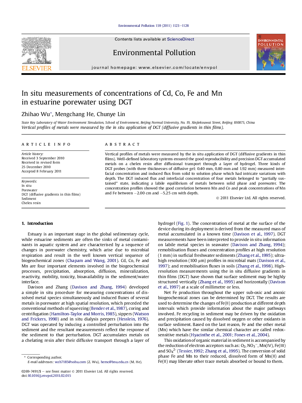 In situ measurements of concentrations of Cd, Co, Fe and Mn in estuarine porewater using DGT