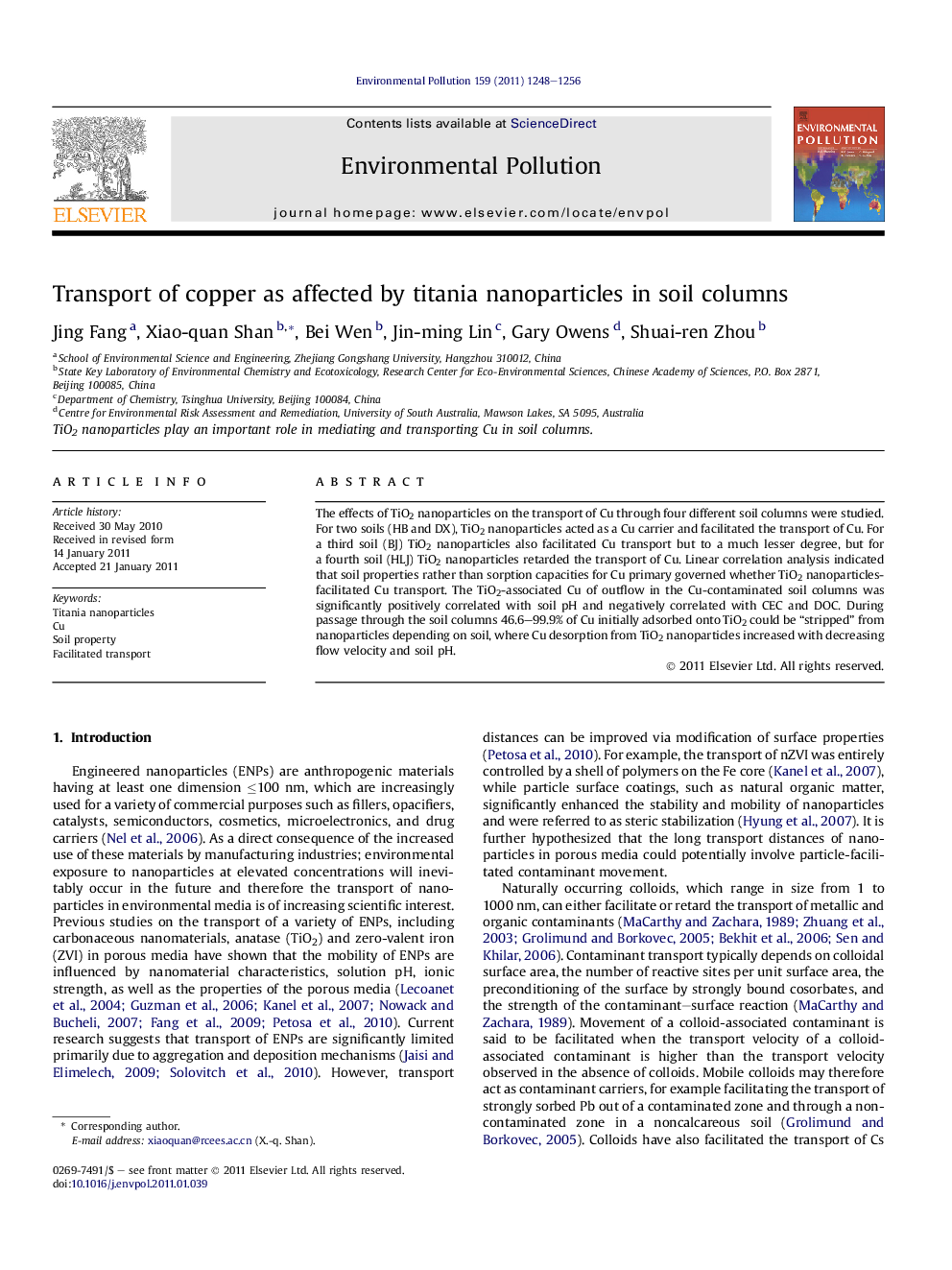 Transport of copper as affected by titania nanoparticles in soil columns