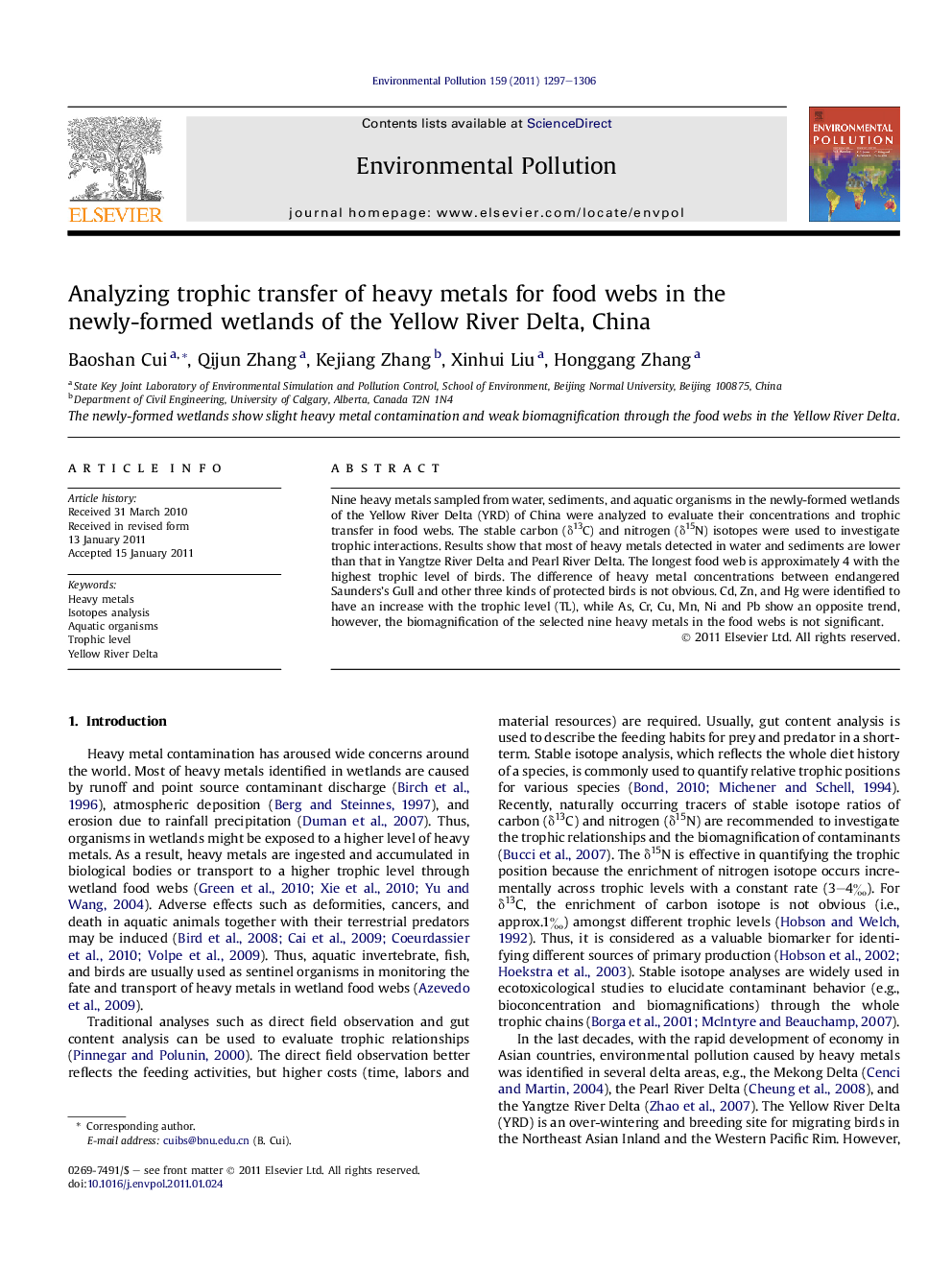 Analyzing trophic transfer of heavy metals for food webs in the newly-formed wetlands of the Yellow River Delta, China