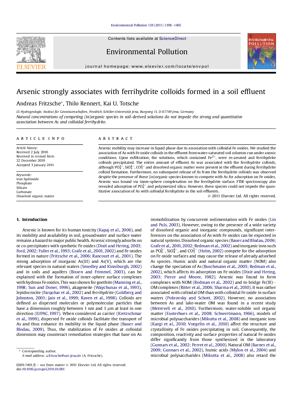 عکس صفحه اول مقاله: Arsenic strongly associates with ferrihydrite colloids formed in a soil effluent Arsenic strongly associates with ferrihydrite colloids formed in a soil effluent