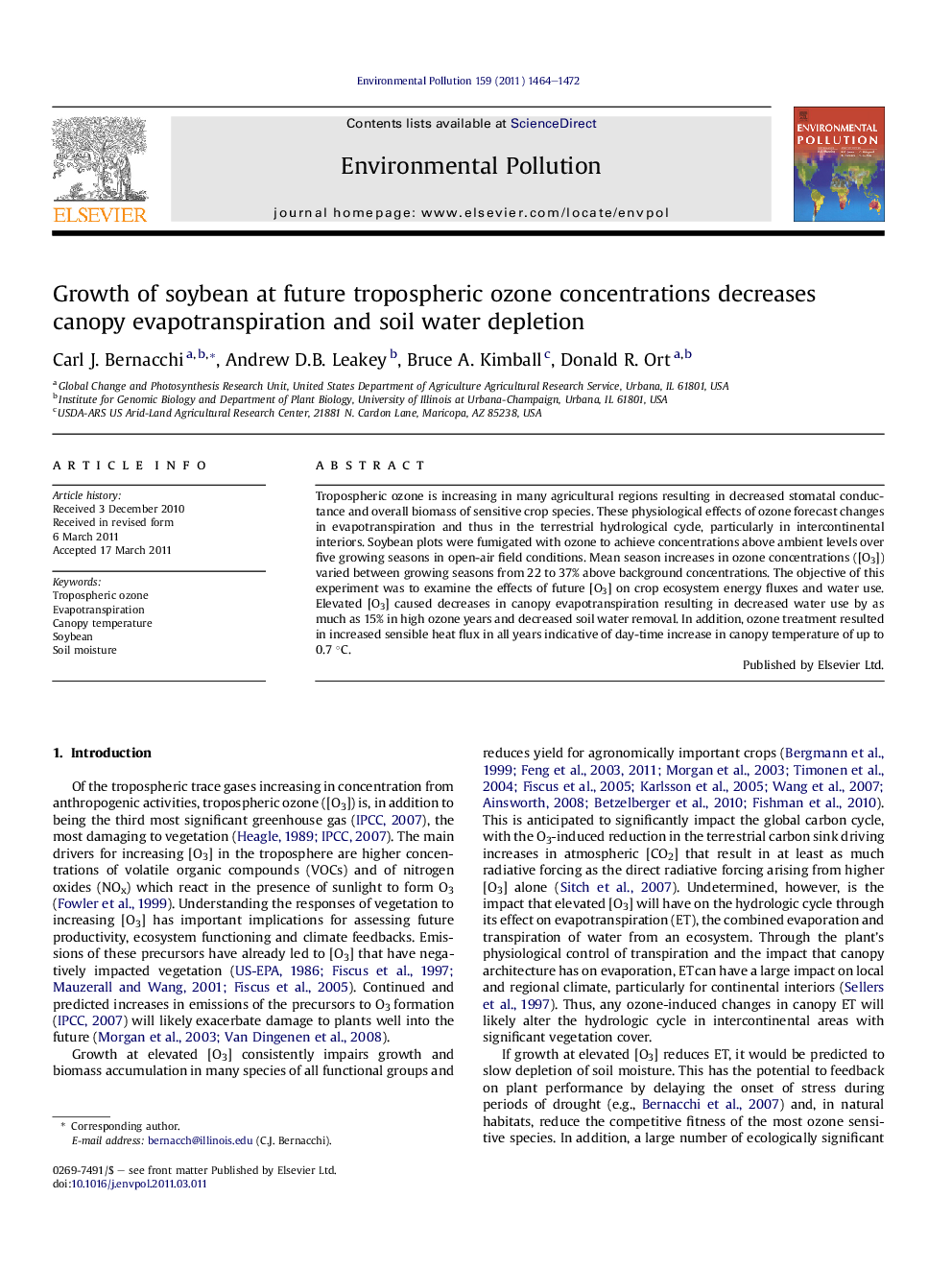 Growth of soybean at future tropospheric ozone concentrations decreases canopy evapotranspiration and soil water depletion