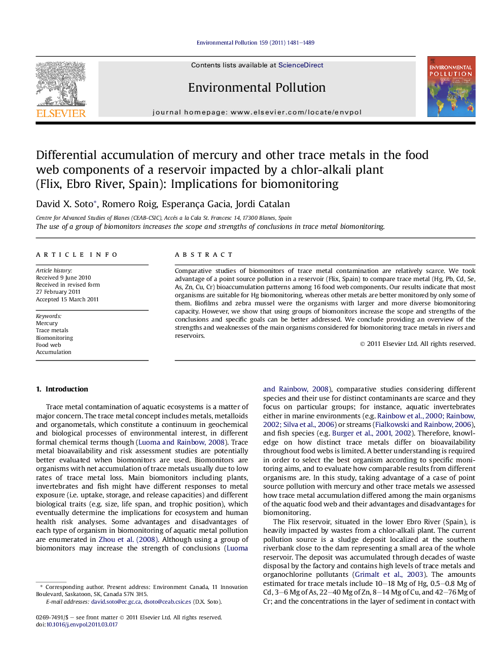 عکس صفحه اول مقاله: Differential accumulation of mercury and other trace metals in the food web components of a reservoir impacted by a chlor-alkali plant (Flix, Ebro River, Spain): Implications for biomonitoring Differential accumulation of mercury and other trace metals in the food web components of a reservoir impacted by a chlor-alkali plant (Flix, Ebro River, Spain): Implications for biomonitoring