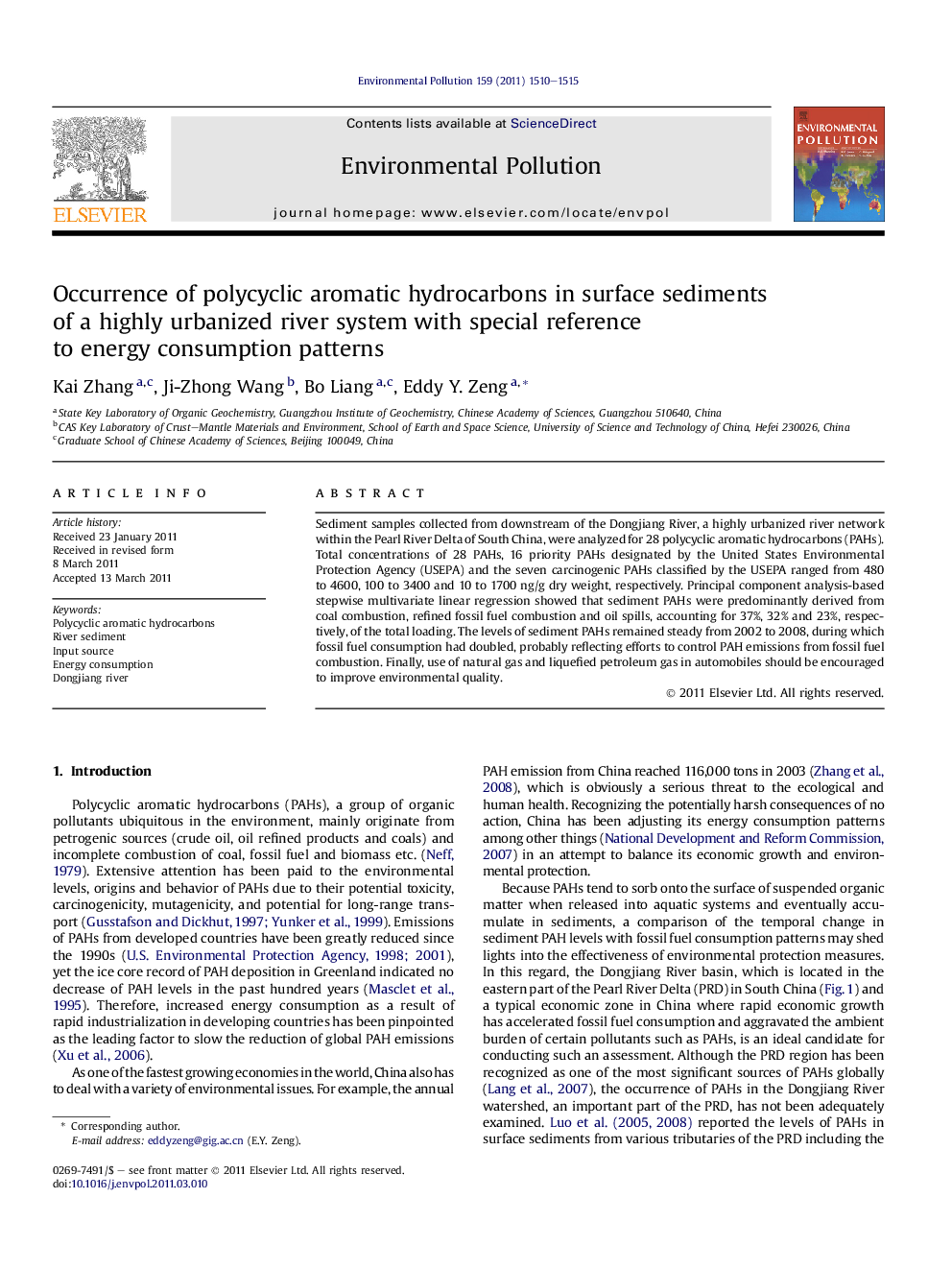 عکس صفحه اول مقاله: Occurrence of polycyclic aromatic hydrocarbons in surface sediments of a highly urbanized river system with special reference to energy consumption patterns Occurrence of polycyclic aromatic hydrocarbons in surface sediments of a highly urbanized river system with special reference to energy consumption patterns