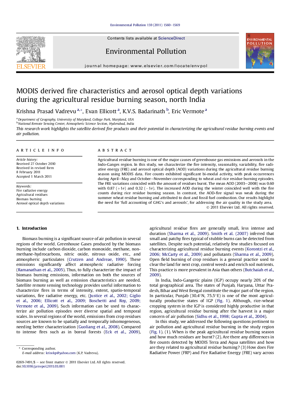 MODIS derived fire characteristics and aerosol optical depth variations during the agricultural residue burning season, north India