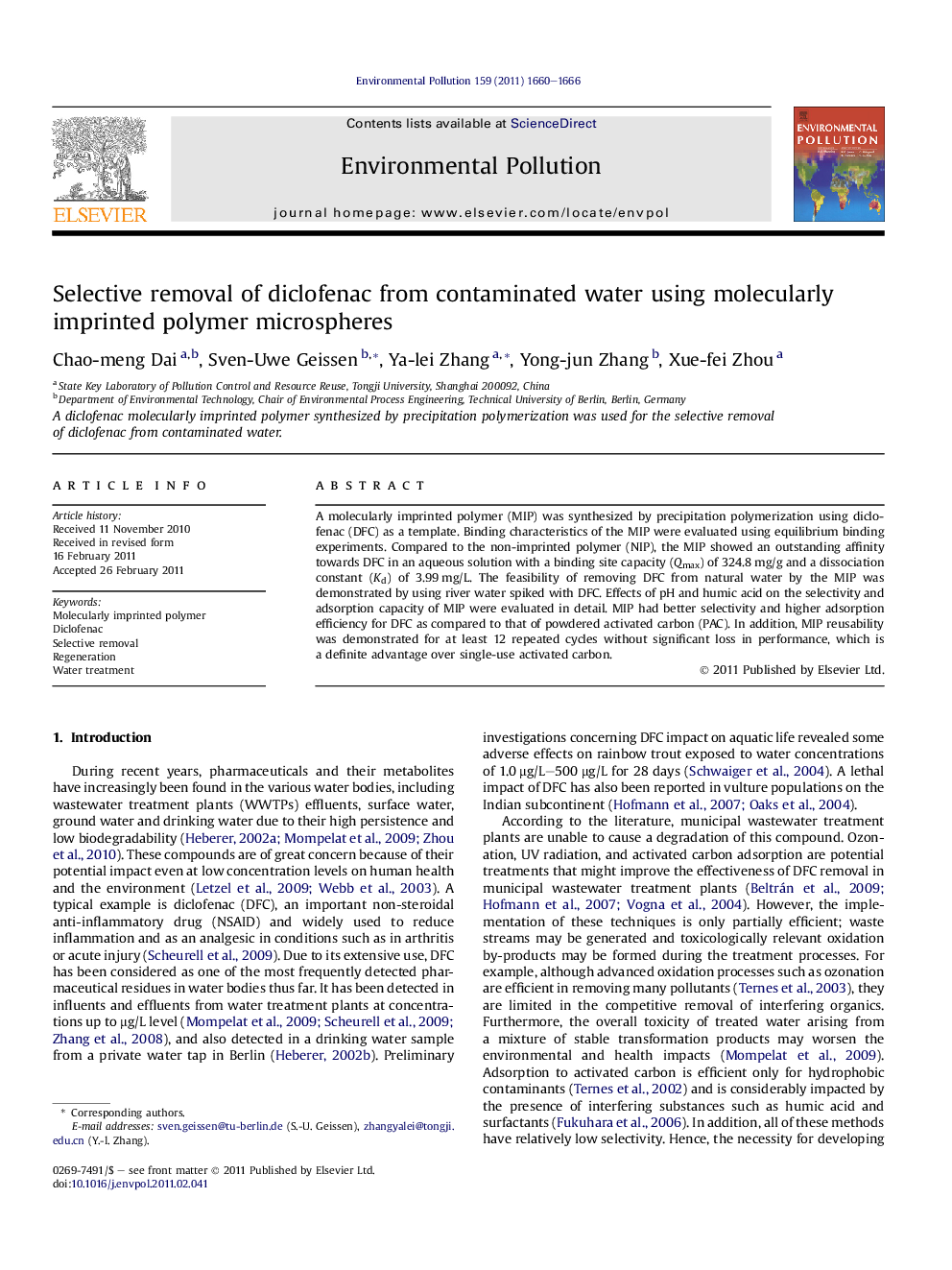 Selective removal of diclofenac from contaminated water using molecularly imprinted polymer microspheres