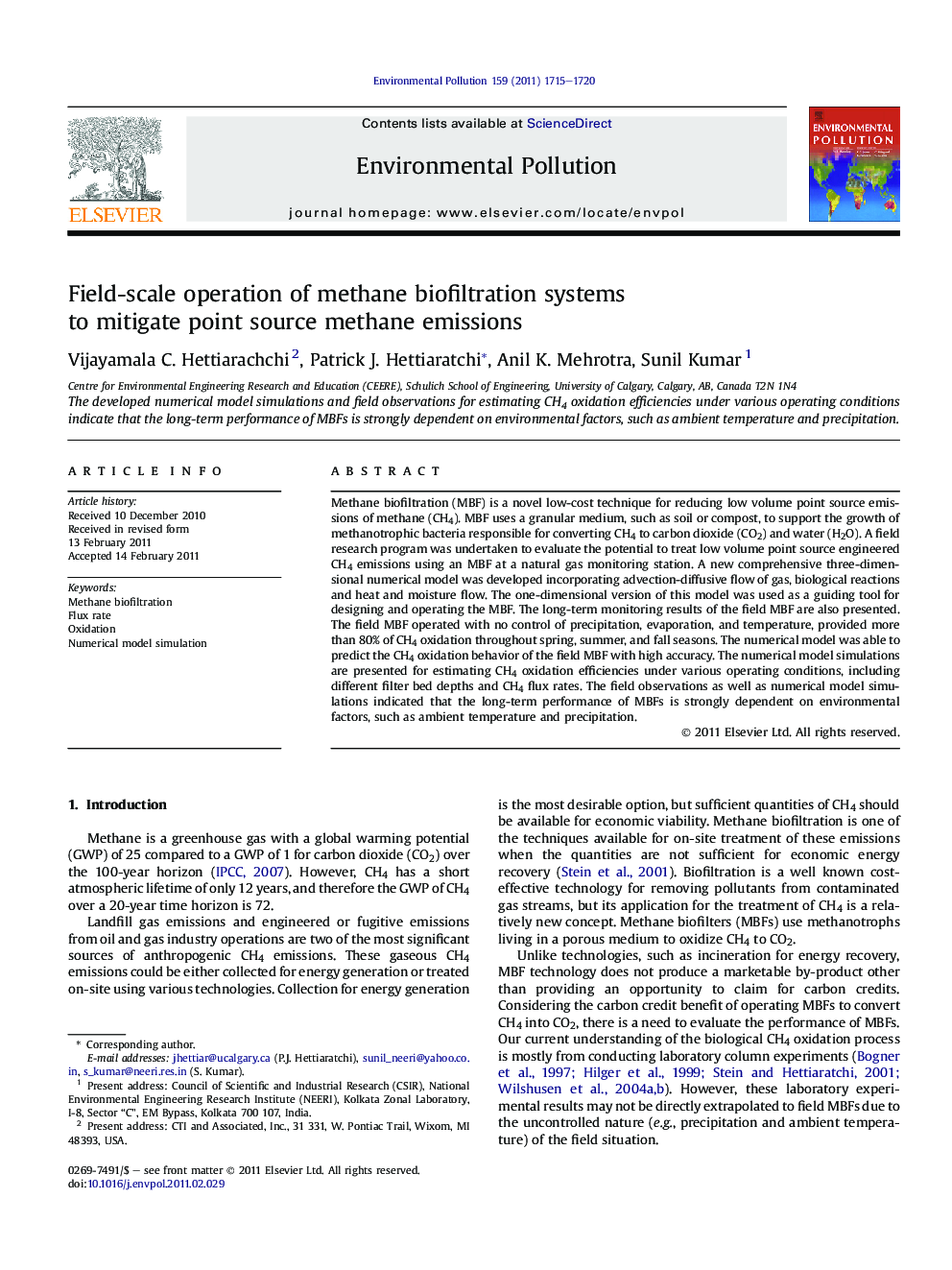 Field-scale operation of methane biofiltration systems to mitigate point source methane emissions